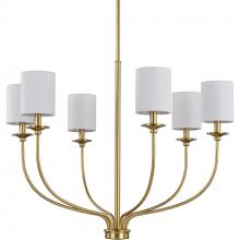  P400227-012 - Bonita Collection Six-Light Satin Brass White Linen Fabric Shade Luxe Chandelier Light