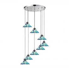  1477/8R-CAR - Refraction 8-Light Round Pendant Fixture in Polished Chrome with Caribbean Glass