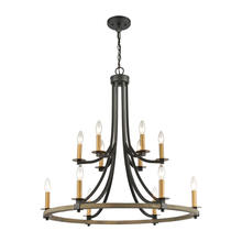  16549/12 - Woodbridge 12-Light Chandelier in Matte Black, Weathered Oak, and Aged Brass